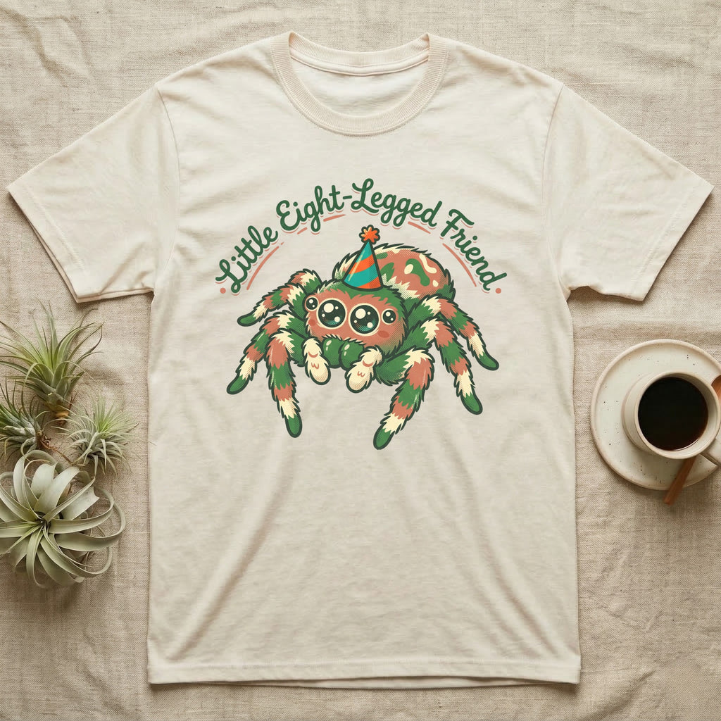 Little Eight-Legged Friend t-shirt with a cute jumping spider wearing a party hat.