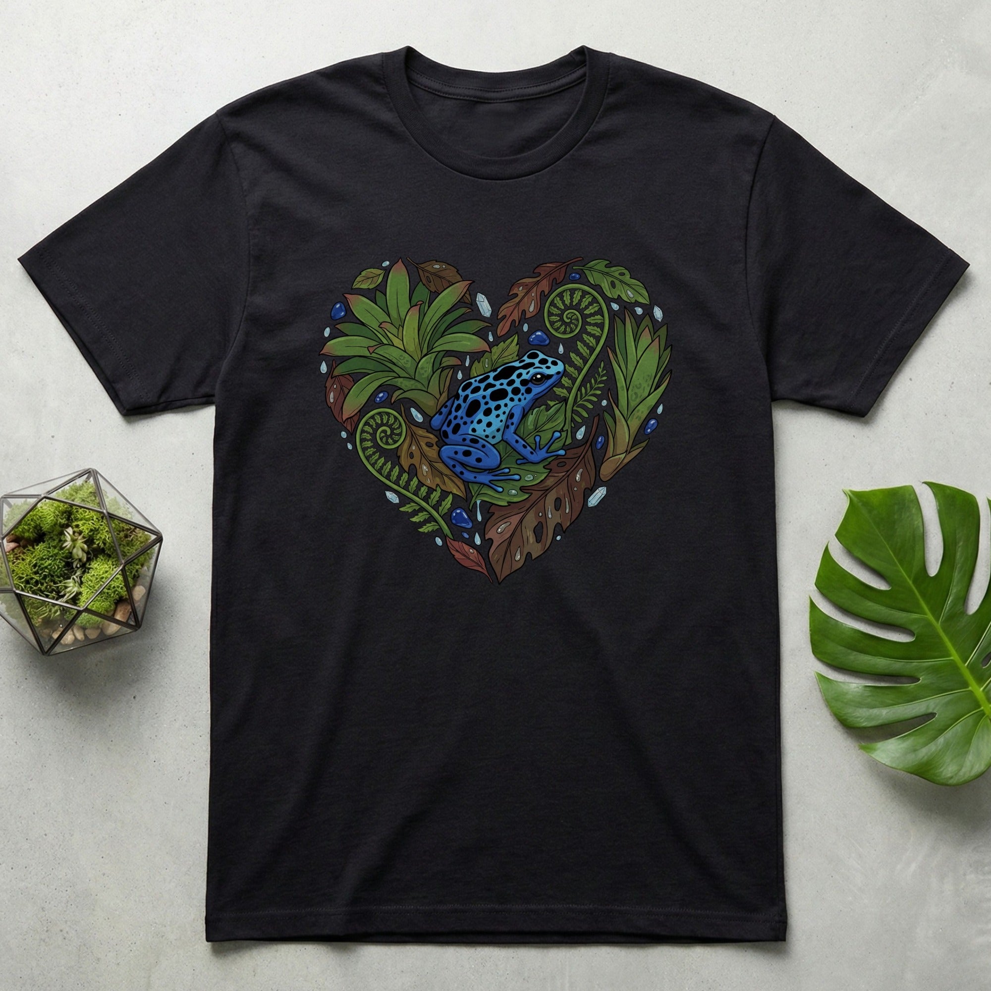 Blue Frog and Green Foliage Heart Design T-Shirt