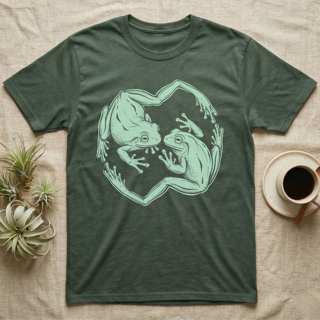 White's Tree Frog Roundel T-Shirt in Military Green — Brush line art of two White's tree frogs facing each other, bodies curving into a circle, on grey