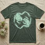 White's Tree Frog Roundel T-Shirt in Military Green — Brush line art of two White's tree frogs facing each other, bodies curving into a circle, on grey