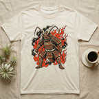 T-shirt with samurai warrior and flames graphic.