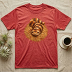 Red t-shirt with a colorful snake illustration on a sandy mound.