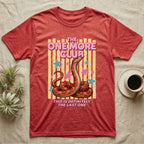 Corn Snake Club T-Shirt in Heather Red — Engraved corn snake sitting deadpan under pink lettering The One More Club, with This is definitely the last one below, on yellow stripes