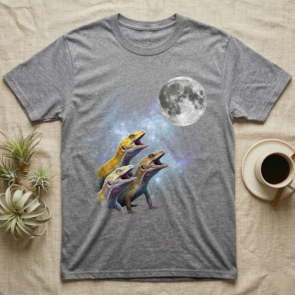 Leopard Gecko Moon Howl T-Shirt in Sport Grey — Three Leopard Gecko colour morphs howling at a full moon over a nebula on a dark grey t-shirt.
