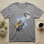 Leopard Gecko Moon Howl T-Shirt in Sport Grey — Three Leopard Gecko colour morphs howling at a full moon over a nebula on a dark grey t-shirt.