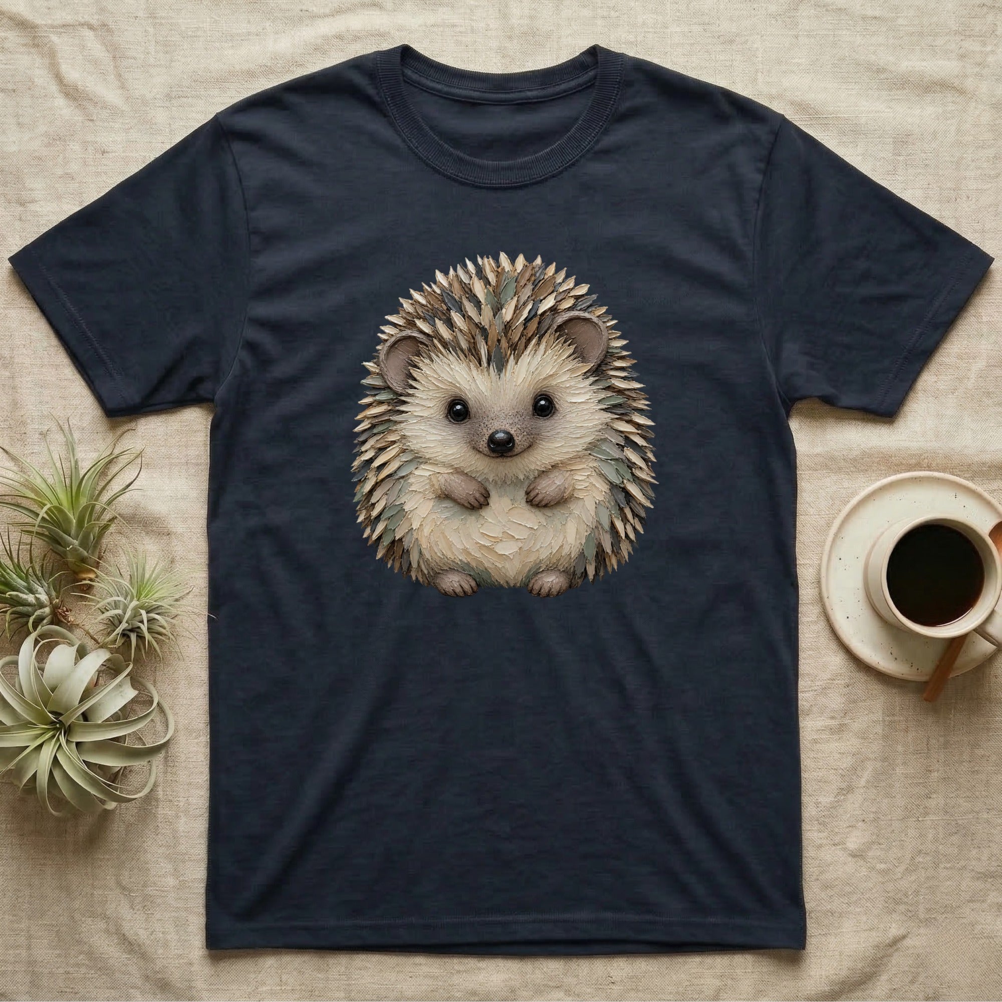 Dark blue t-shirt featuring a watercolor illustration of a cute hedgehog.