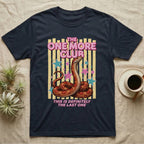 Corn Snake Club T-Shirt in Navy — Engraved corn snake sitting deadpan under pink lettering The One More Club, with This is definitely the last one below, on yellow stripes