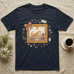 Navy t-shirt with a cartoon bearded dragon in a terrarium setting.