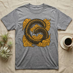 Gray t-shirt with a coiled centipede illustration in yellow and black.