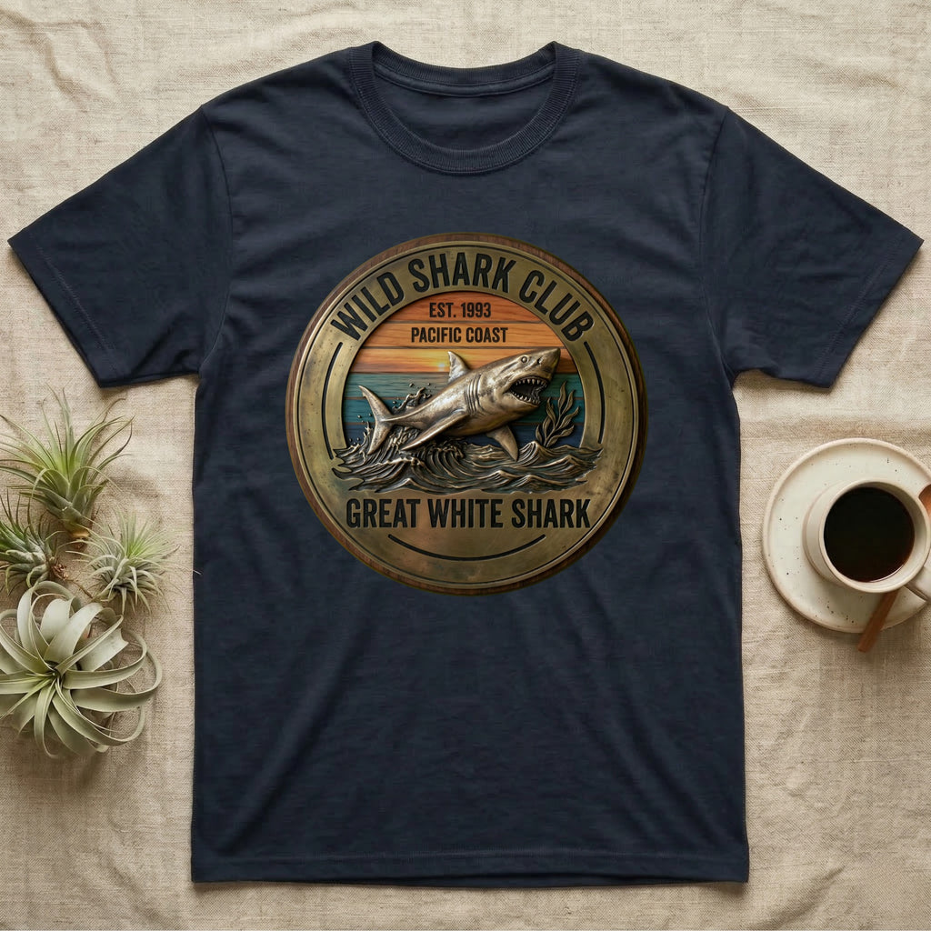 Navy t-shirt featuring a circular design with a Great White Shark and "Wild Shark Club" text.