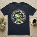 Bearded Dragon Spooky Side-Eye T-Shirt in Navy — Distressed badge of a caped bearded dragon giving side-eye, "The Spooky Side-Eye, Judging Your Candy Choices."