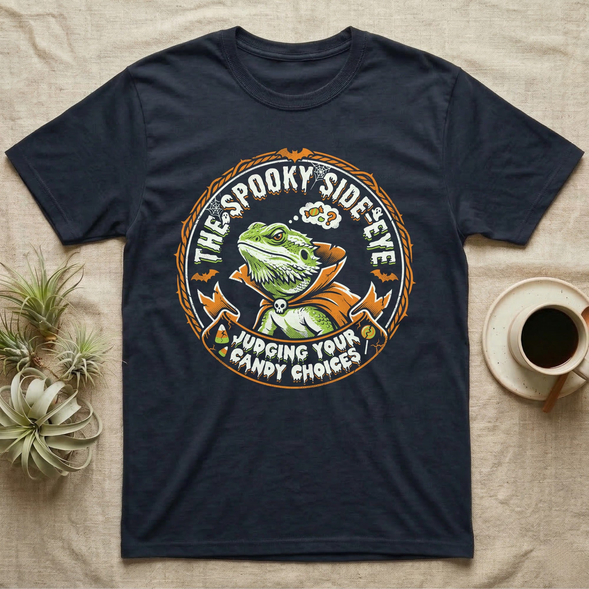 Bearded Dragon Spooky Side-Eye T-Shirt in Navy — Distressed badge of a caped bearded dragon giving side-eye, "The Spooky Side-Eye, Judging Your Candy Choices."