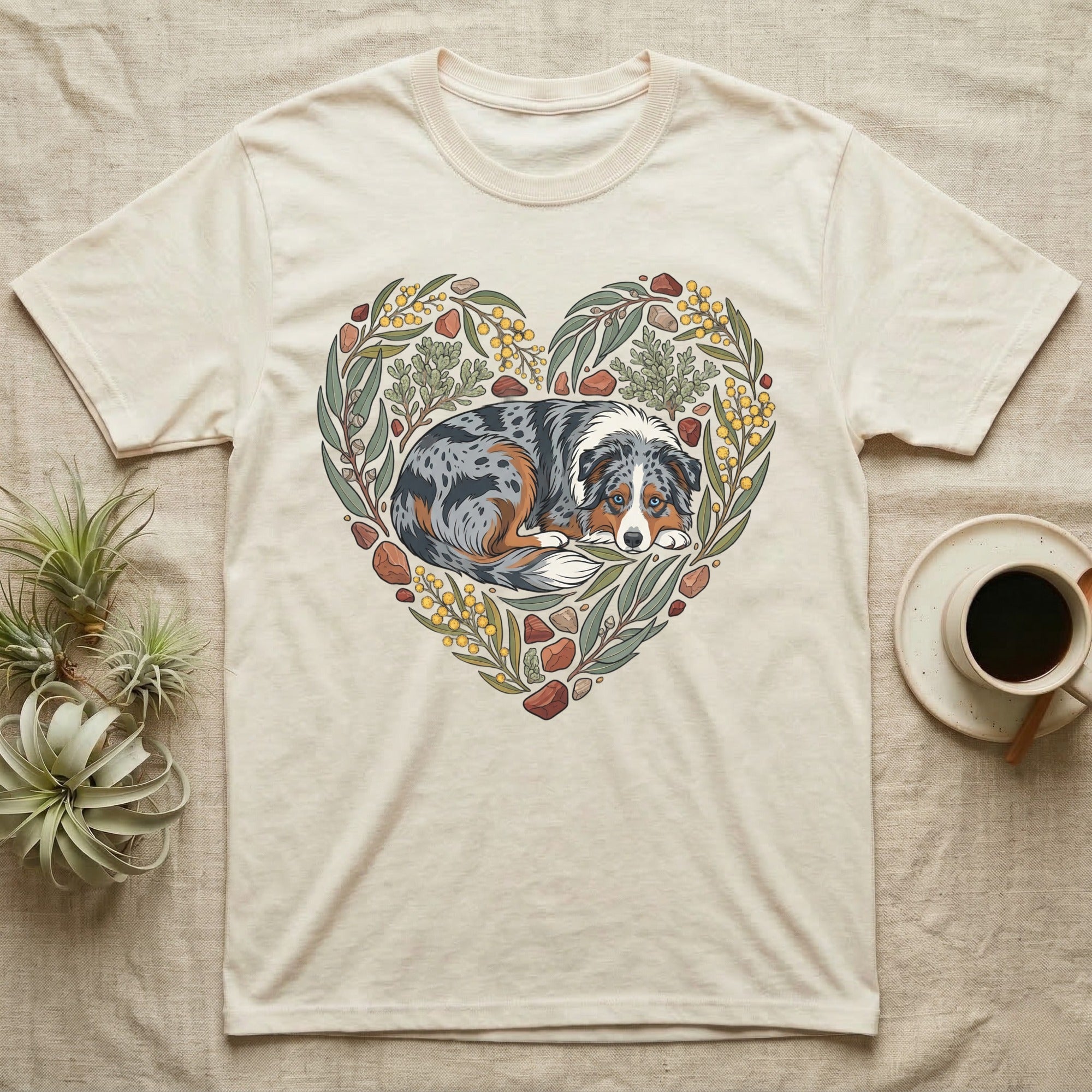 T-shirt with a heart-shaped floral wreath framing a blue merle Australian Shepherd.