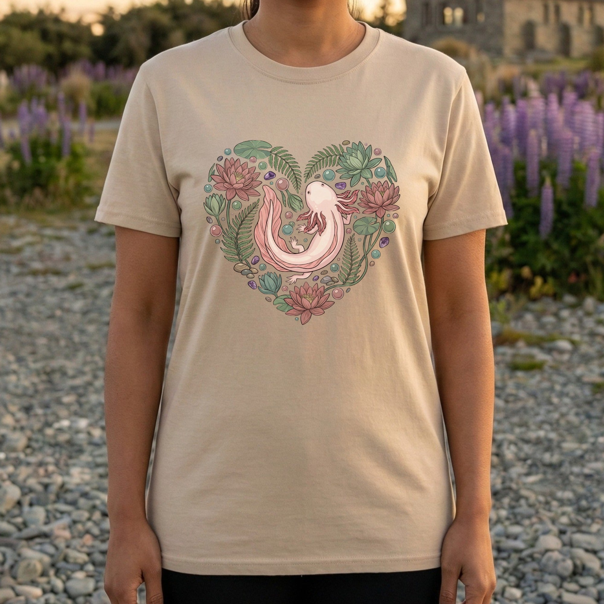 Heart Shaped Axolotl and Flowers Graphic T-Shirt