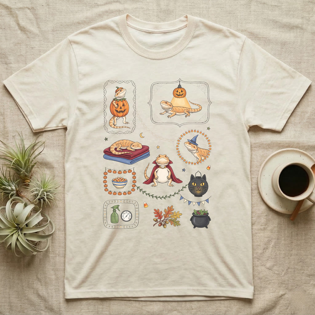 Bearded Dragon Halloween Sampler T-Shirt in Natural — Gouache sampler of ten bearded dragon Halloween vignettes — pumpkin costume, witch hat, red cape — on dark charcoal.