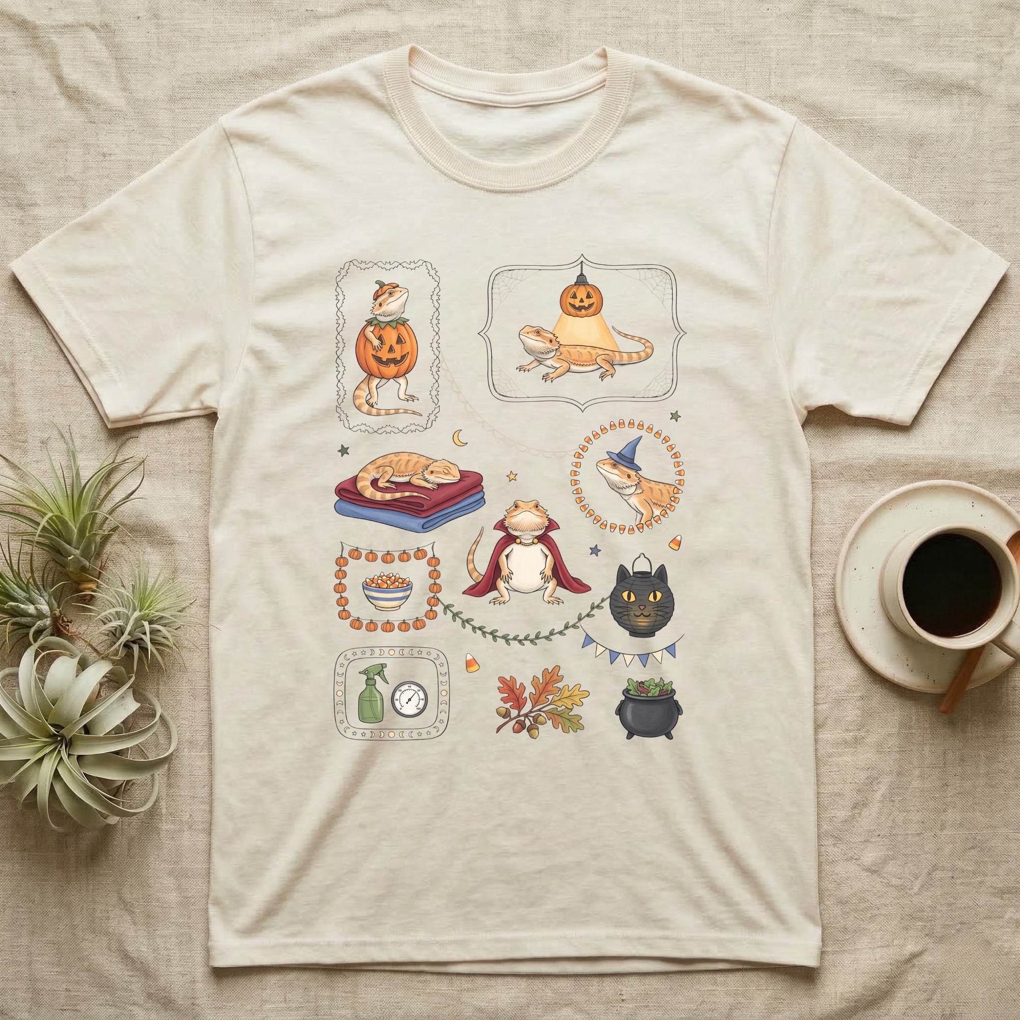 Bearded Dragon Halloween Sampler T-Shirt in Natural — Gouache sampler of ten bearded dragon Halloween vignettes — pumpkin costume, witch hat, red cape — on dark charcoal.