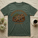 Zebra Isopod Clean Up Crew T-Shirt in Military Green — Distressed vintage print of zebra isopods on a cork log under arched "Keepers of the Clean Up Crew".