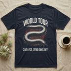 African Millipede World Tour T-Shirt in Navy — Bootleg tour-merch halftone illustration of a giant African millipede as the headline act.