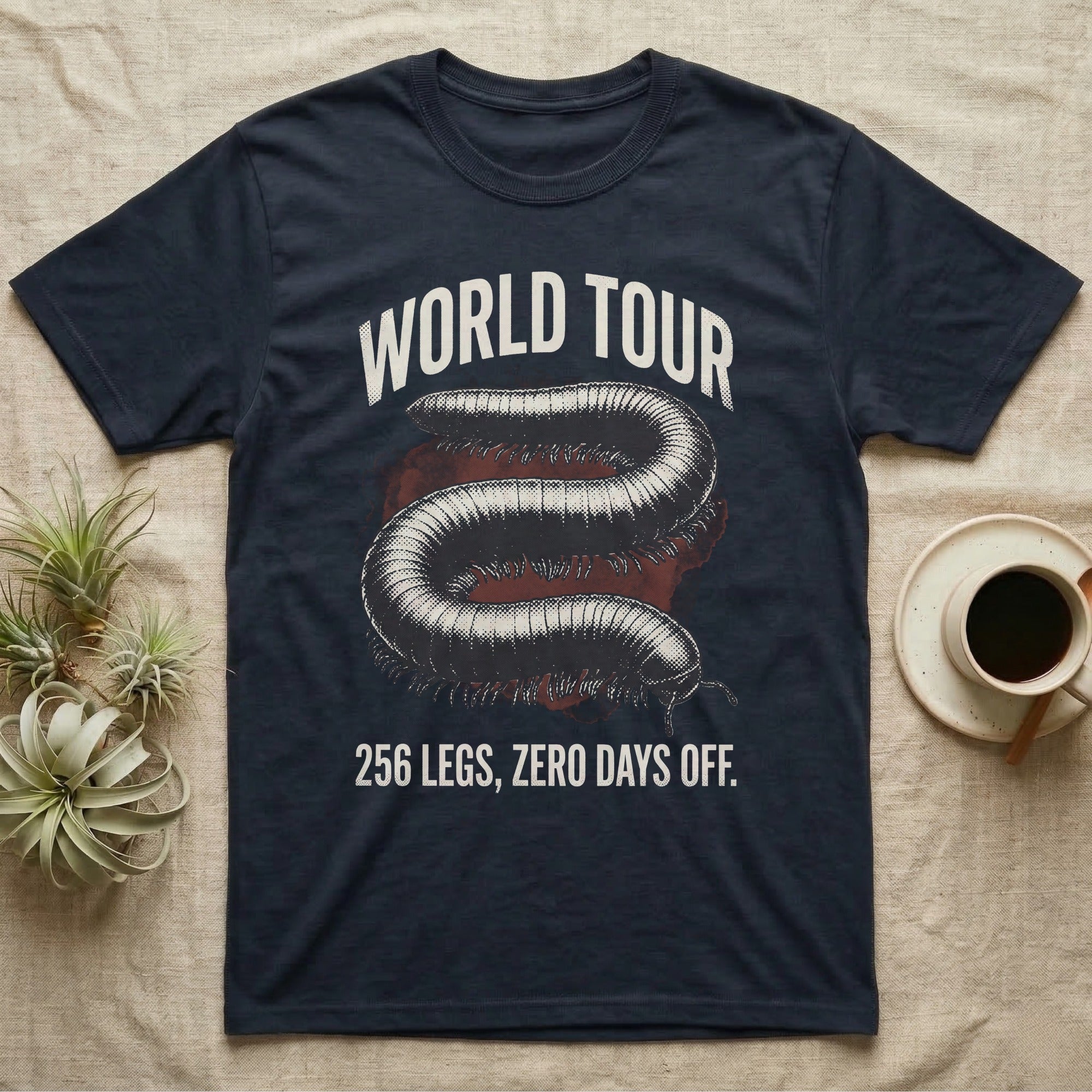 African Millipede World Tour T-Shirt in Navy — Bootleg tour-merch halftone illustration of a giant African millipede as the headline act.