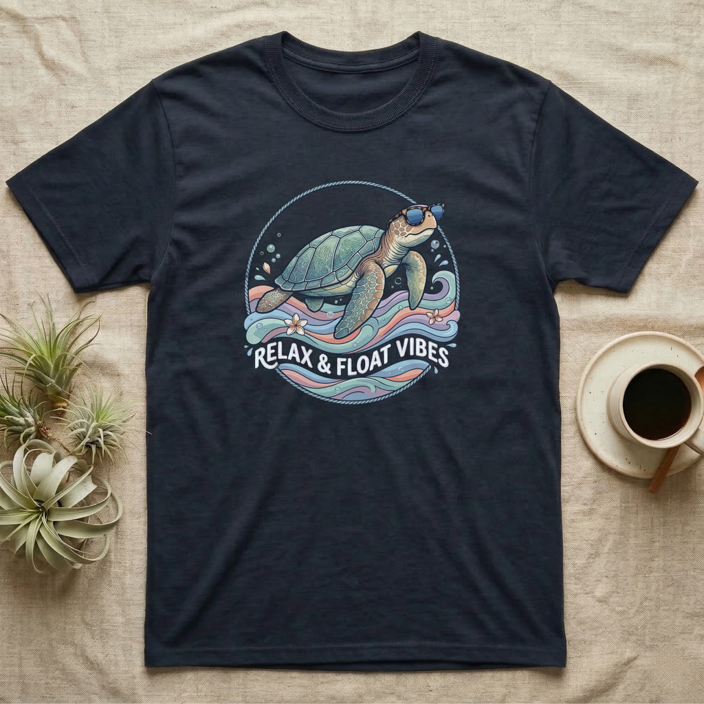 Dark t-shirt with a graphic of a sea turtle wearing sunglasses, surrounded by waves and text.