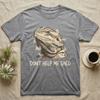 Don't Help Me Shed T-Shirt in Sport Grey — Retro-illustration of a bearded dragon mid-shed with a deadpan side-eye and a marker caption reading Don't Help Me Shed.
