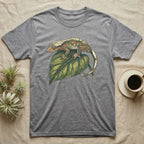 Grey t-shirt with a gecko on a green leaf illustration.