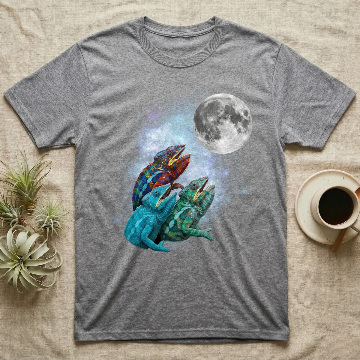 Panther Chameleon Moon Howl T-Shirt in Sport Grey — Three Panther Chameleon colour morphs howling at a full moon over a nebula on a dark grey t-shirt.
