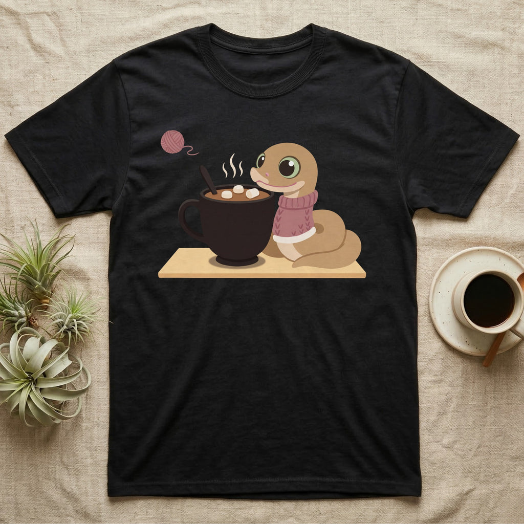 Hognose Snake Knitted Sweater T-Shirt in Black — Soft-painted illustration of a hognose snake in a knitted jumper resting beside a mug of cocoa with marshmallows.