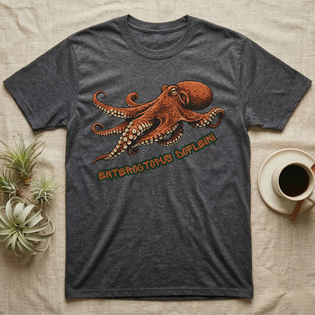Dark gray t-shirt with orange octopus and "Enteroctopus Dofleini" text.