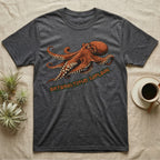 Dark gray t-shirt with orange octopus and "Enteroctopus Dofleini" text.