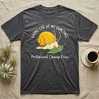 Dark gray t-shirt with a cartoon snail and "Professional Cleanup Crew" text.