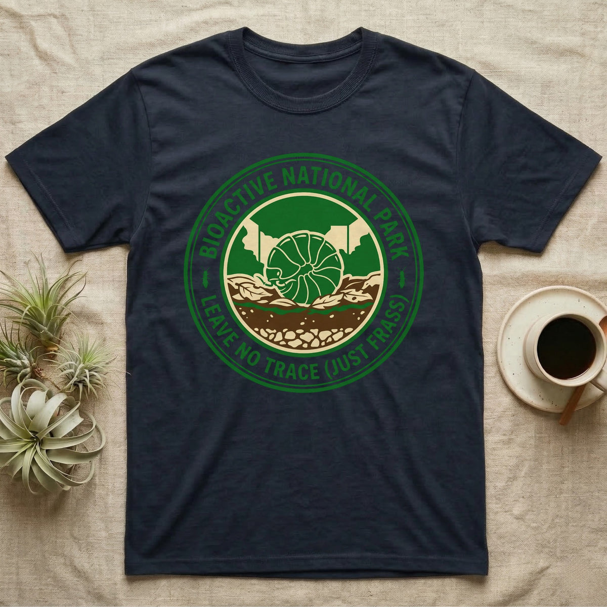 Pillbug Bioactive National Park T-Shirt in Navy — Green ranger badge with a rolled pillbug in a cross-sectioned bioactive enclosure and springtail stars.