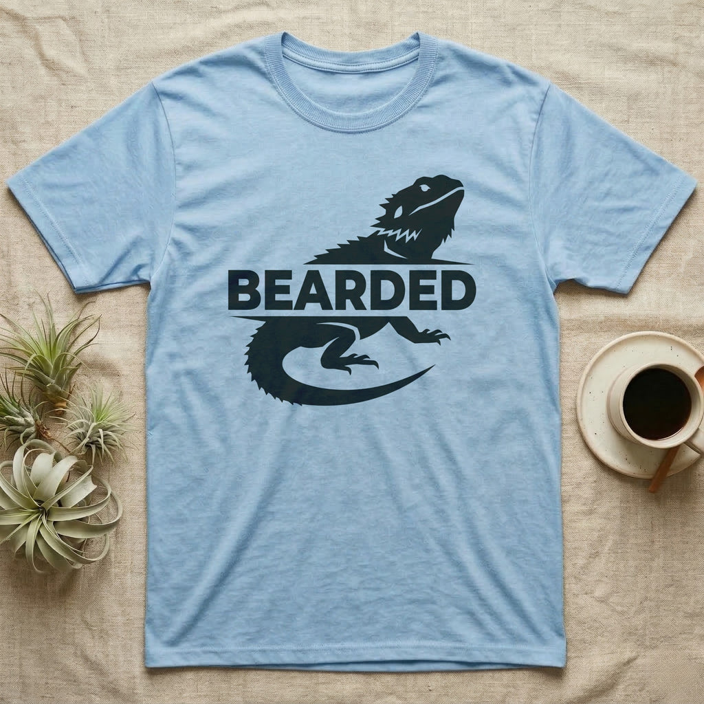 Light blue t-shirt with a black lizard silhouette and "BEARDED" text.