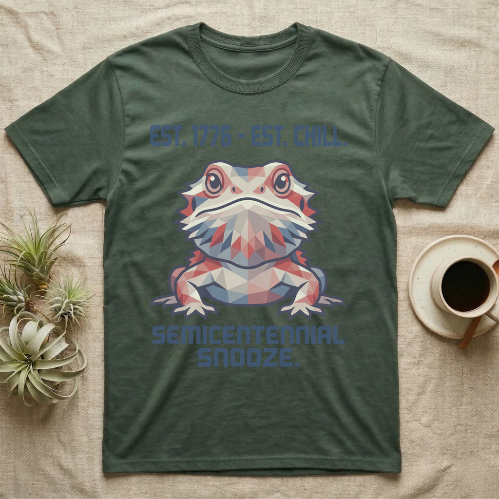 Bearded Dragon Geometric T-Shirt in Military Green — Low-poly faceted bearded dragon portrait in muted tones with text Est. 1776 Est. Chill and Semicentennial Snooze.