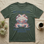 Bearded Dragon Geometric T-Shirt in Military Green — Low-poly faceted bearded dragon portrait in muted tones with text Est. 1776 Est. Chill and Semicentennial Snooze.