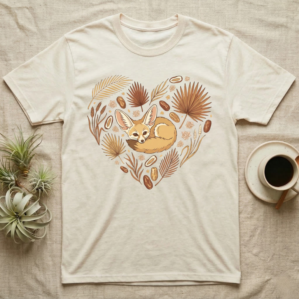 Cream t-shirt with heart-shaped fennec fox and botanical design.