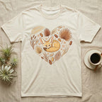 Cream t-shirt with heart-shaped fennec fox and botanical design.