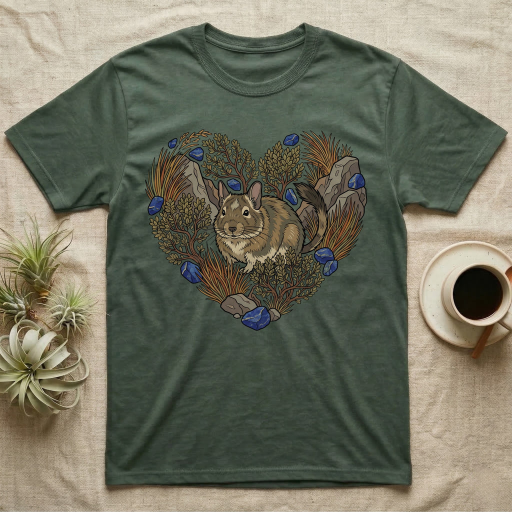 Green t-shirt with a heart-shaped design featuring a chinchilla, rocks, and foliage.