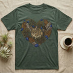Green t-shirt with a heart-shaped design featuring a chinchilla, rocks, and foliage.