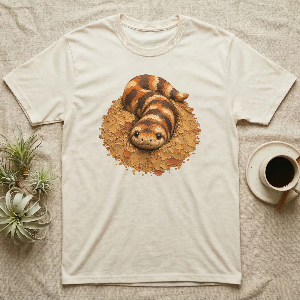 T-shirt with a cartoon of a banded sand boa coiled in dirt.