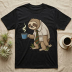T-shirt with a tired sloth in a shirt and tie holding a coffee cup.