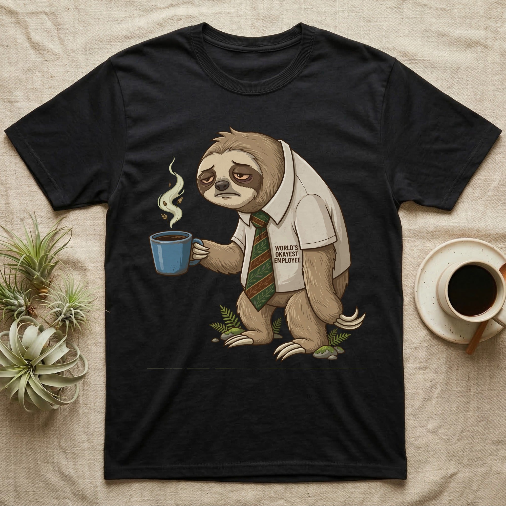 T-shirt with a tired sloth in a shirt and tie holding a coffee cup.