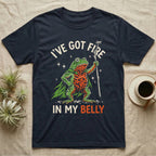 Fire-Bellied Toad Knight T-Shirt in Navy — Fire-bellied toad knight with green cape, orange belly and a cricket on a twig spear, lettered I'VE GOT FIRE IN MY BELLY