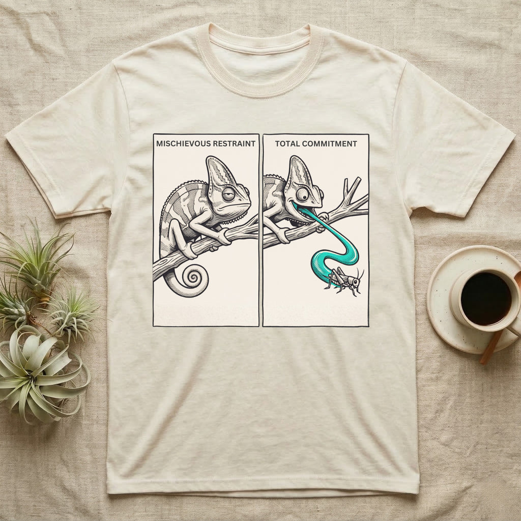 Veiled Chameleon Diet T-Shirt in Natural — Two-panel vector illustration of a veiled chameleon, calm on the left and tongue mid-strike on the right.
