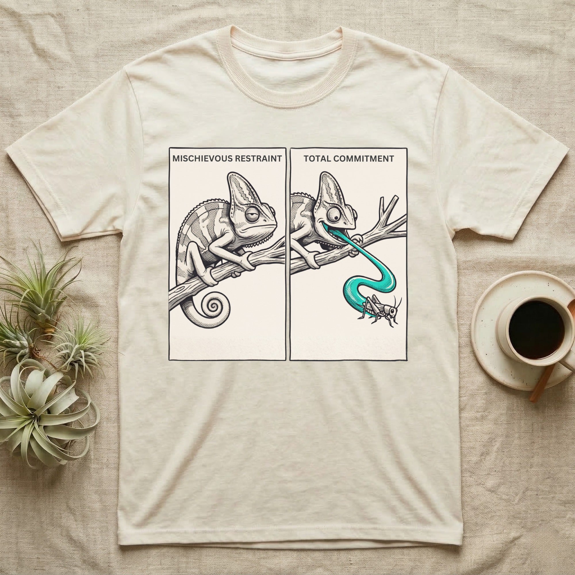Veiled Chameleon Diet T-Shirt in Natural — Two-panel vector illustration of a veiled chameleon, calm on the left and tongue mid-strike on the right.