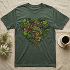 Green t-shirt with a frog and natural elements forming a heart.
