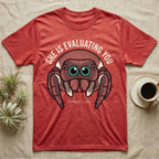 Phidippus Regius Jumping Spider Tee in Heather Red — Vector-bold front-facing regal jumping spider portrait with electric-teal anterior-median eyes on a cream-and-charcoal body.