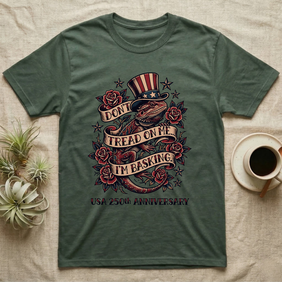 Bearded Dragon Tattoo T-Shirt in Military Green — Tattoo-flash bearded dragon in a star top hat among roses with banners reading Don't Tread On Me I'm Basking.