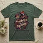 Bearded Dragon Tattoo T-Shirt in Military Green — Tattoo-flash bearded dragon in a star top hat among roses with banners reading Don't Tread On Me I'm Basking.