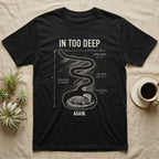 Ackie Monitor Burrow T-Shirt in Black — Chalk-white science diagram of an ackie monitor curled at the bottom of a deep winding burrow, under the words IN TOO DEEP and AGAIN